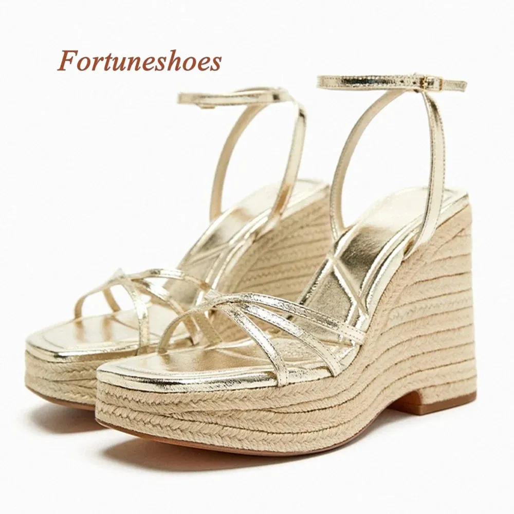 Platform Square Toe Wedges Heel Sandals Summer 2024 Newest Fashion Casual Shoes One Word Belt Buckle Gold Solid Women Sandals