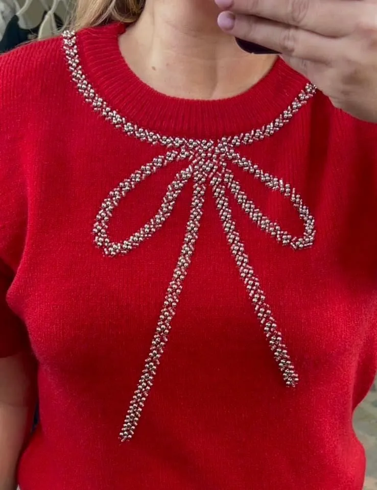 Precious Love Red Ribbon Embellished Sweater