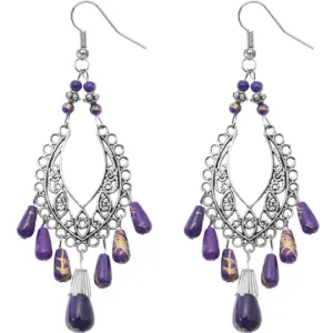 Purple Silver Beaded Filigree Drop Earrings