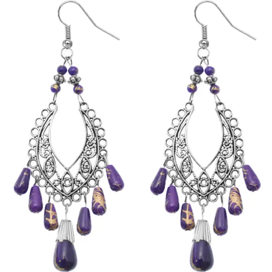 Purple Silver Beaded Filigree Drop Earrings