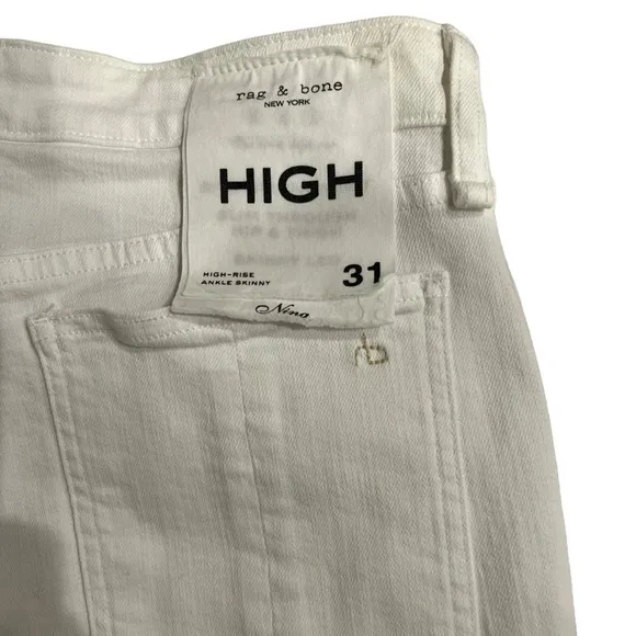 Rag &amp; Bone Nina High Rise Ankle Skinny Button Fly White Stretch Denim NWT Sz 31