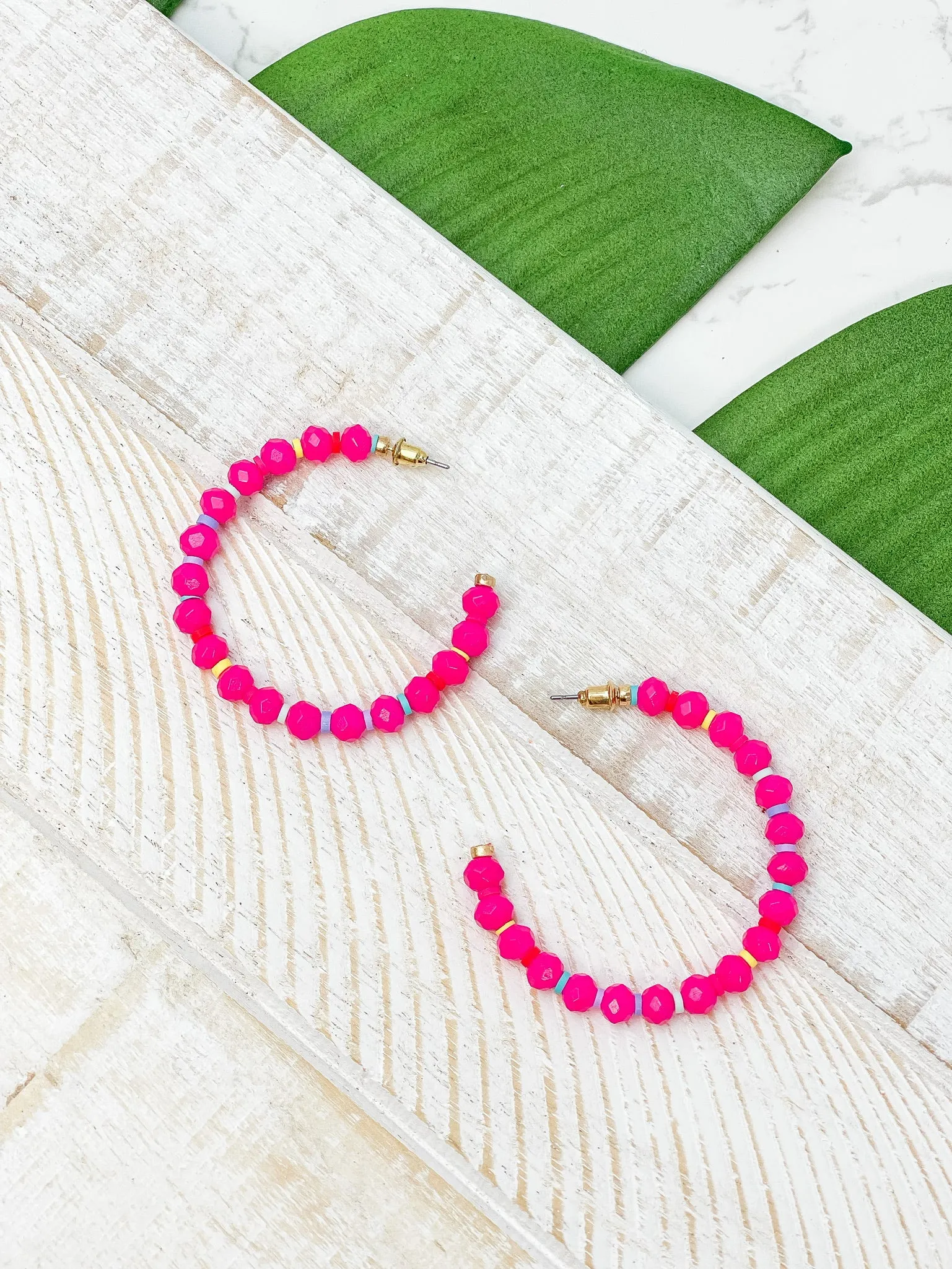 Rainbow Beaded Open Hoop Earrings - Pink