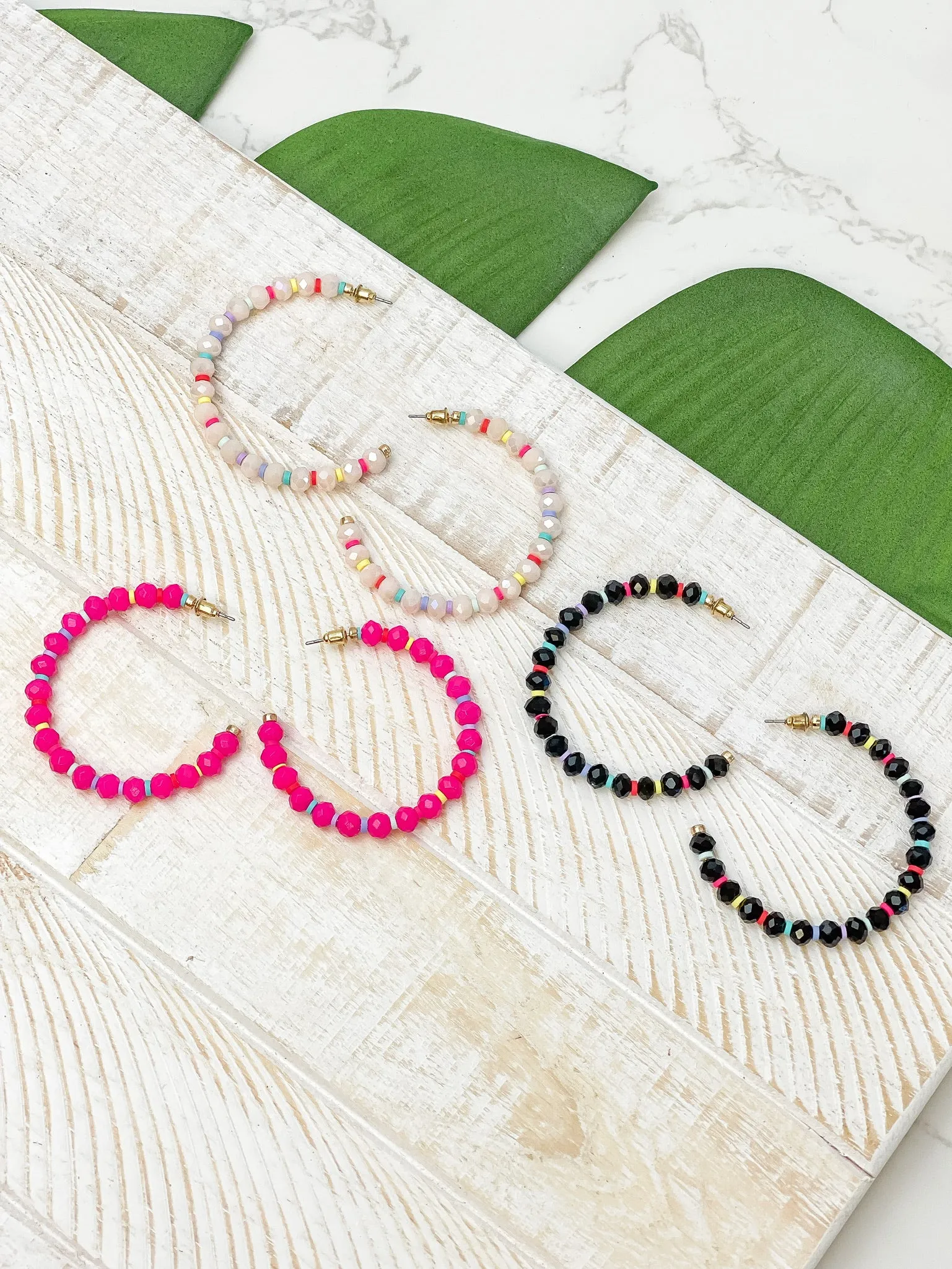 Rainbow Beaded Open Hoop Earrings - Pink