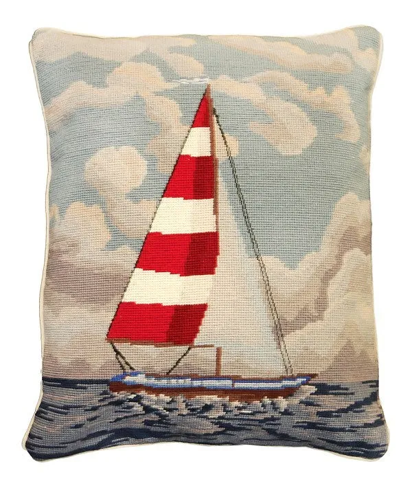 Red & White Sailboat 20x16 Needlepoint Pillow