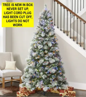 Retail $400 New in box! Costco 7.5 ft Pre-Lit Glittery Flocked EZ Connect Artificial Christmas Tree, 600 Color-Changing SureBright LED Lights! Light Cord Plug has been cut off Lights do not work