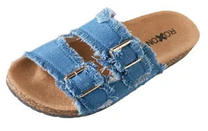 Roxoni Women's Comfort Flat Sandals Double Buckle Adjustable Straps Flat Slides Footbed Suede