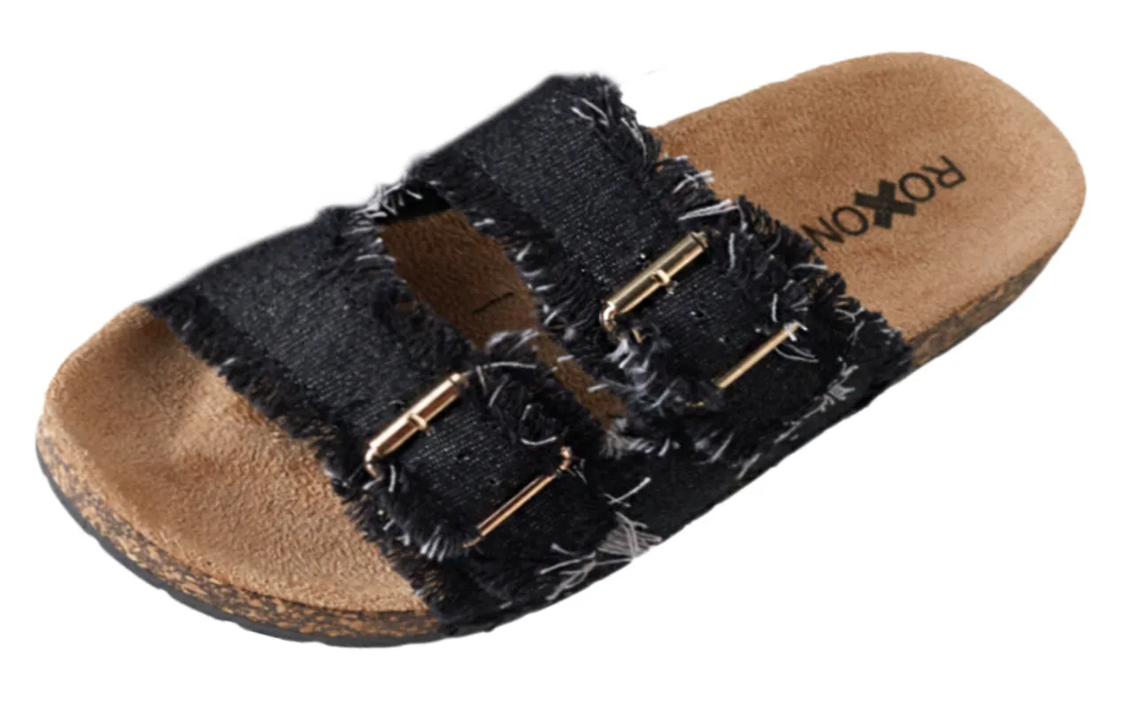 Roxoni Women's Comfort Flat Sandals Double Buckle Adjustable Straps Flat Slides Footbed Suede
