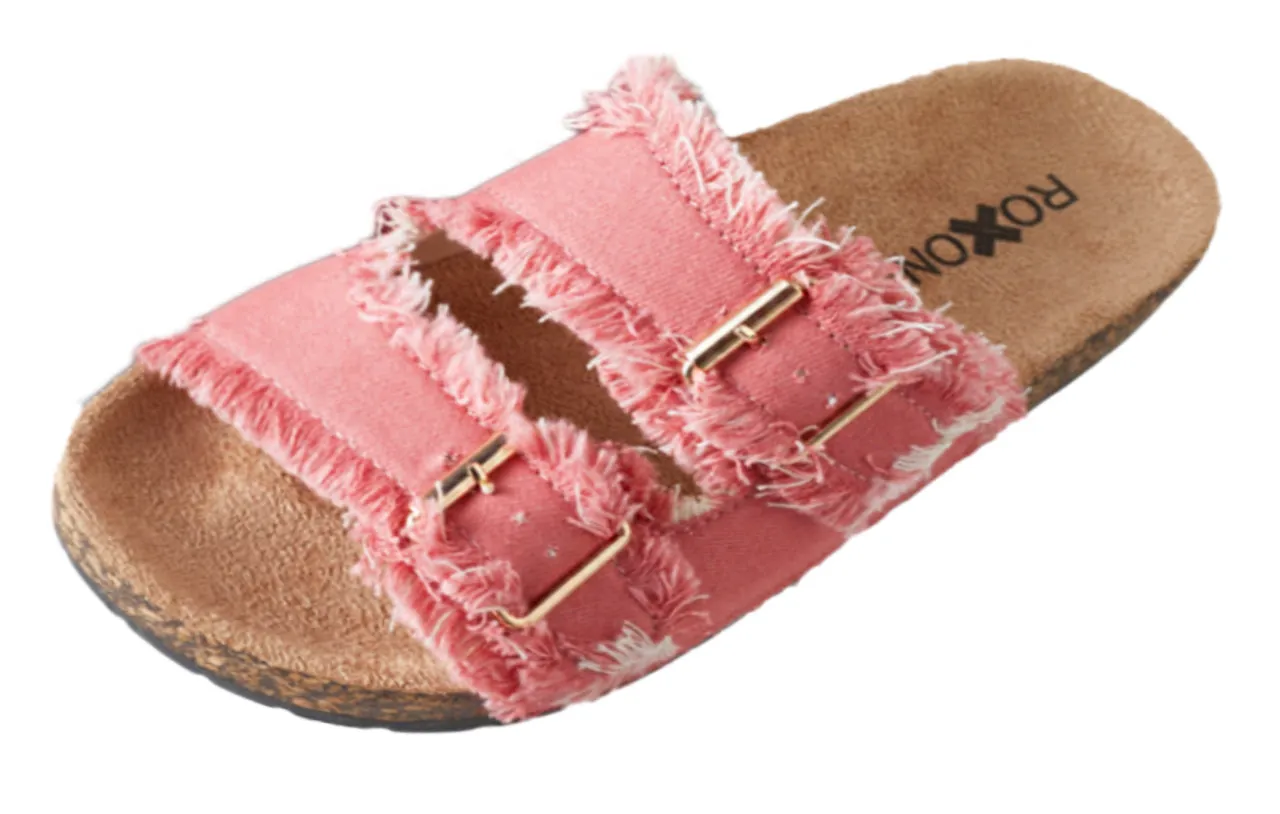 Roxoni Women's Comfort Flat Sandals Double Buckle Adjustable Straps Flat Slides Footbed Suede