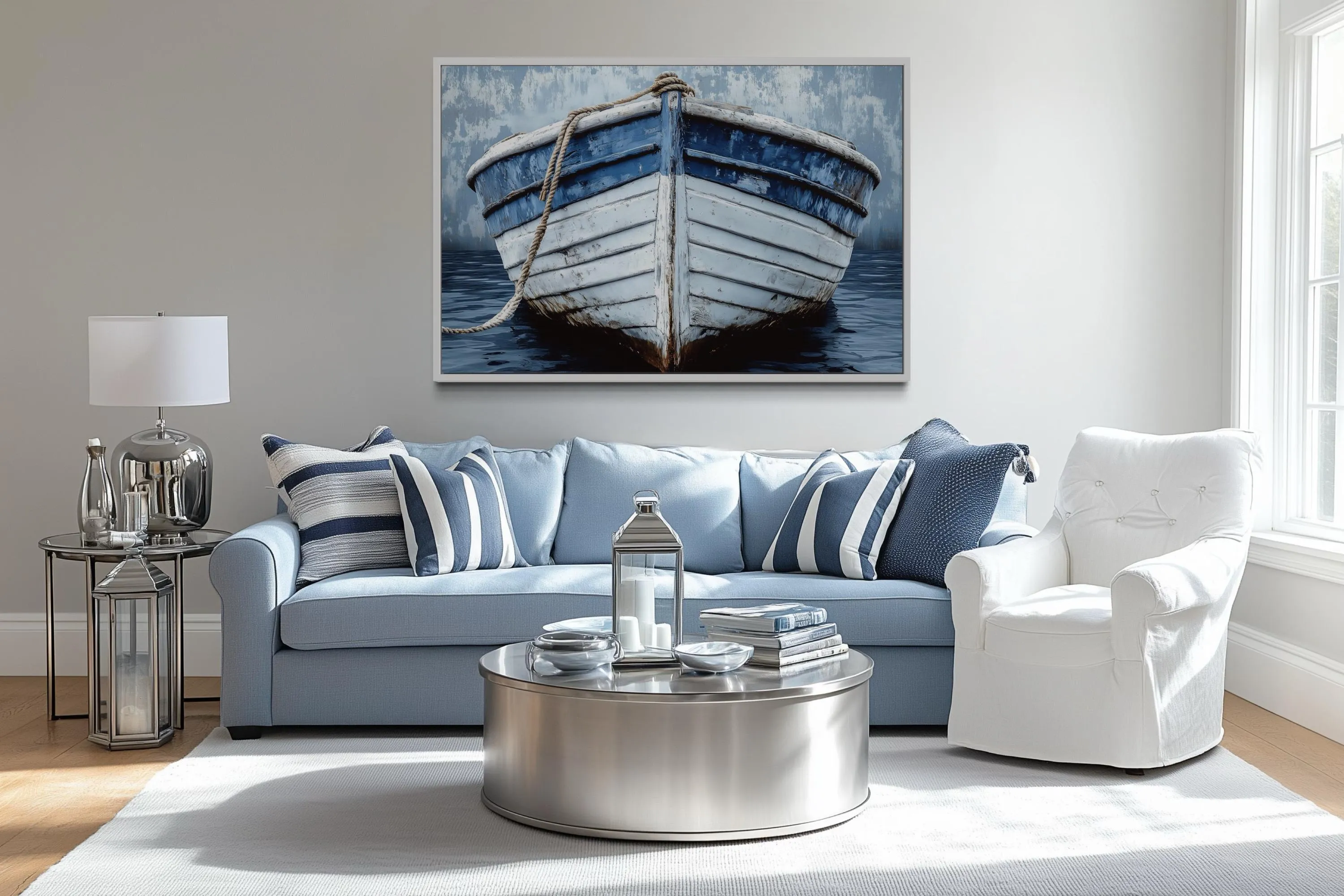 Rustic Boat Front View Blue And White Distressed Coastal Wall Art