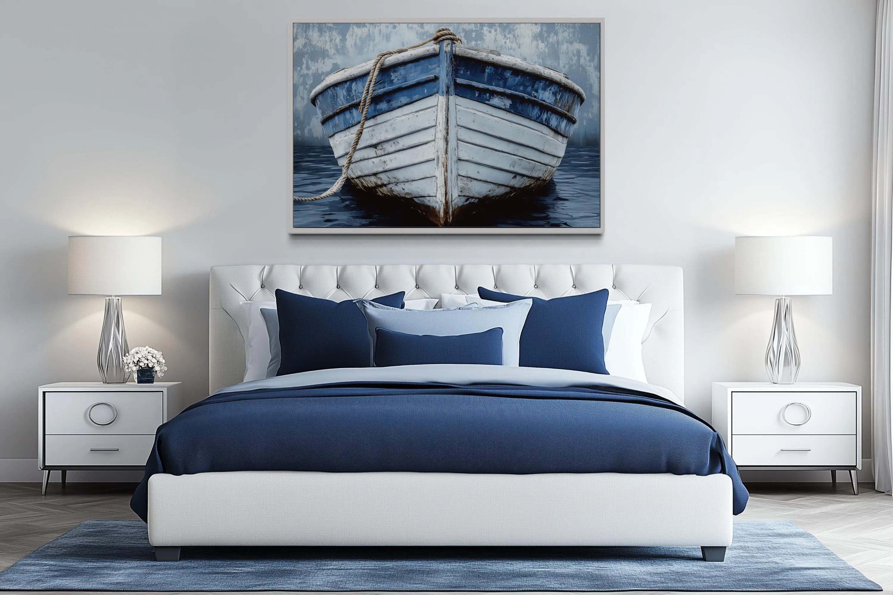 Rustic Boat Front View Blue And White Distressed Coastal Wall Art
