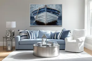 Rustic Boat Front View Blue And White Distressed Coastal Wall Art