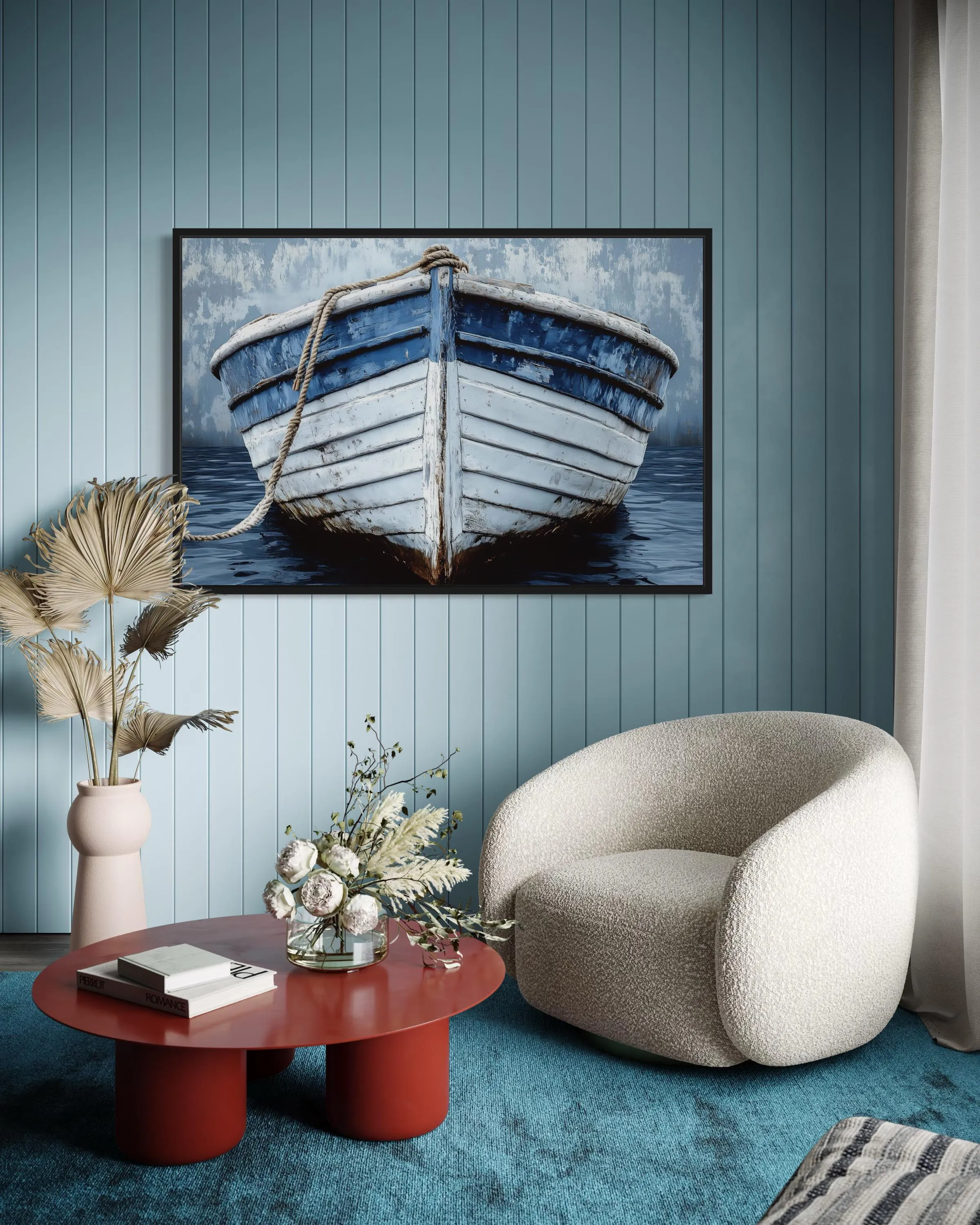 Rustic Boat Front View Blue And White Distressed Coastal Wall Art