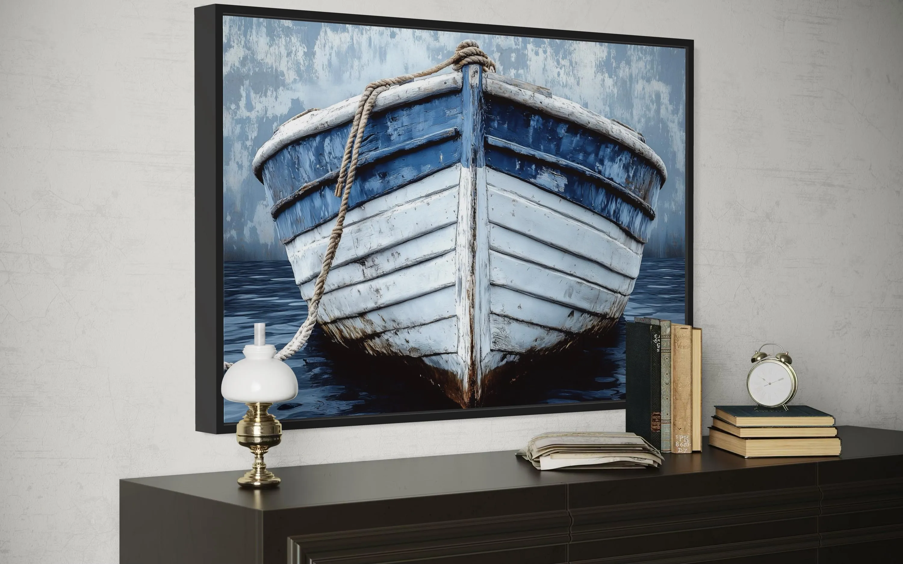 Rustic Boat Front View Blue And White Distressed Coastal Wall Art