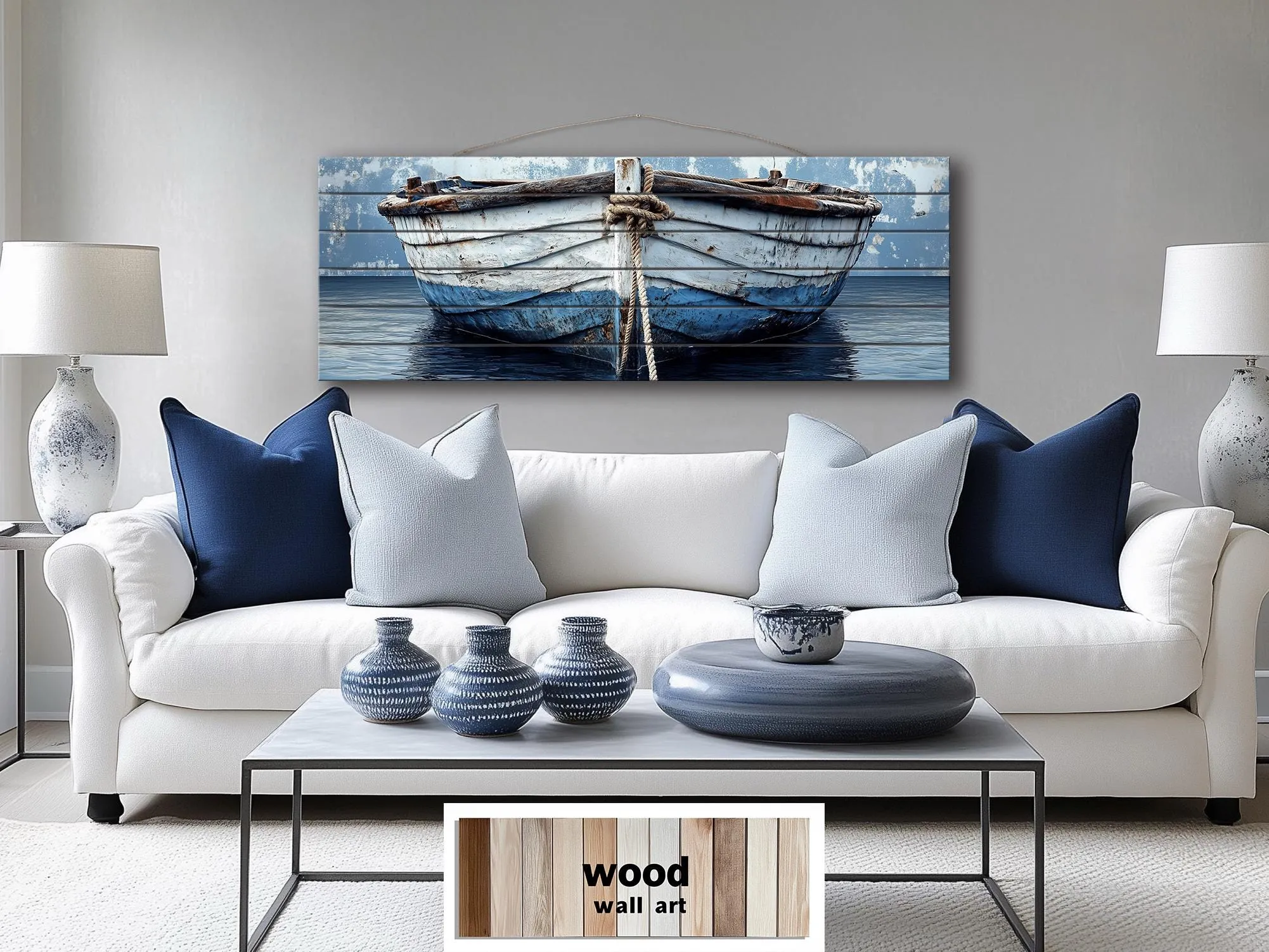 Rustic Old Blue Boat Long Narrow Real Wood Wall Art