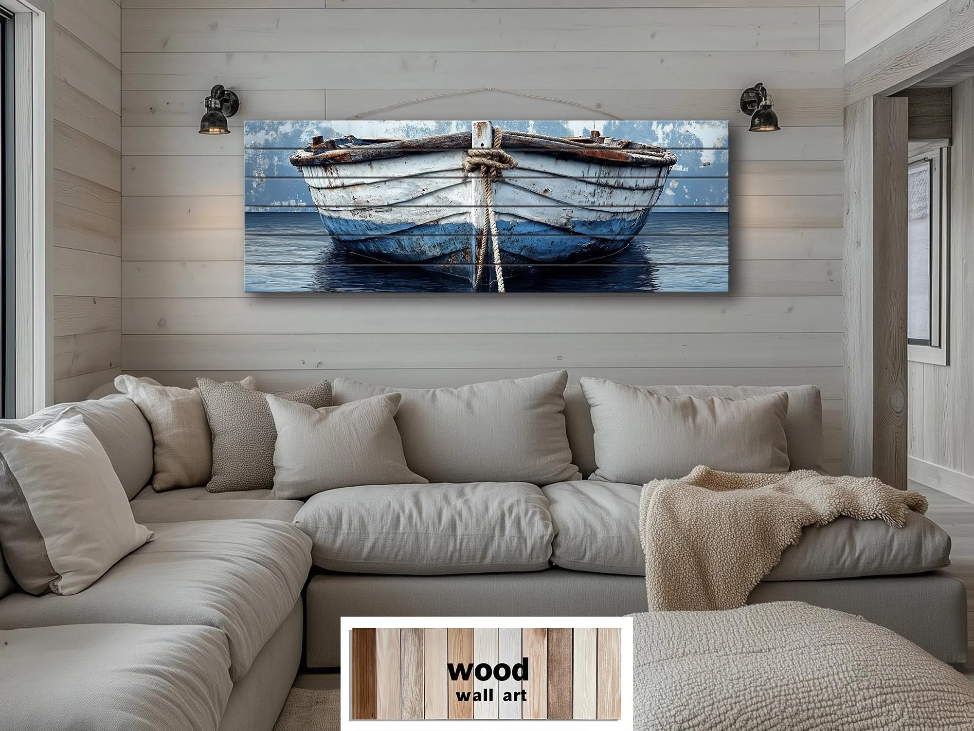Rustic Old Blue Boat Long Narrow Real Wood Wall Art