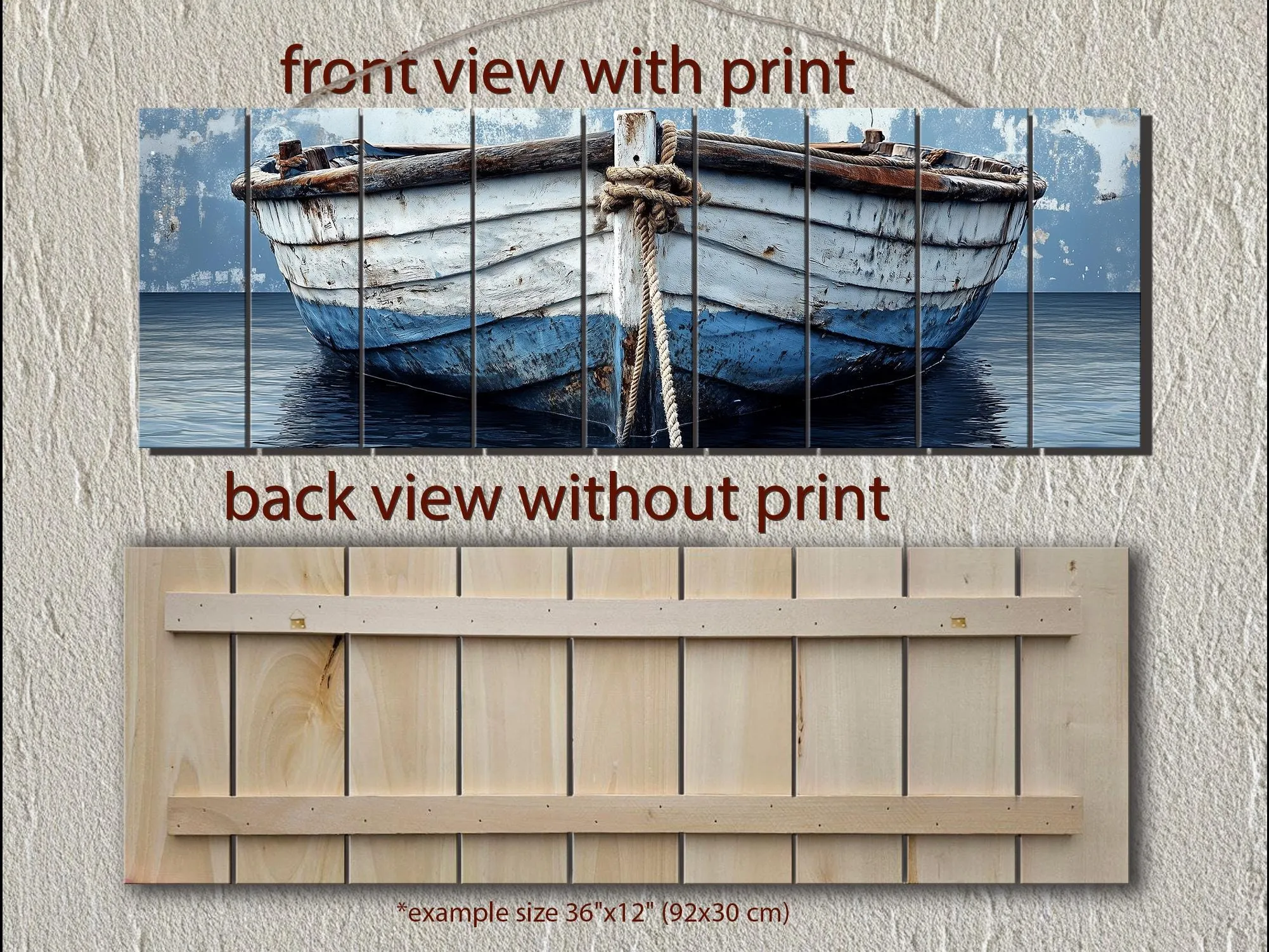 Rustic Old Blue Boat Long Narrow Real Wood Wall Art