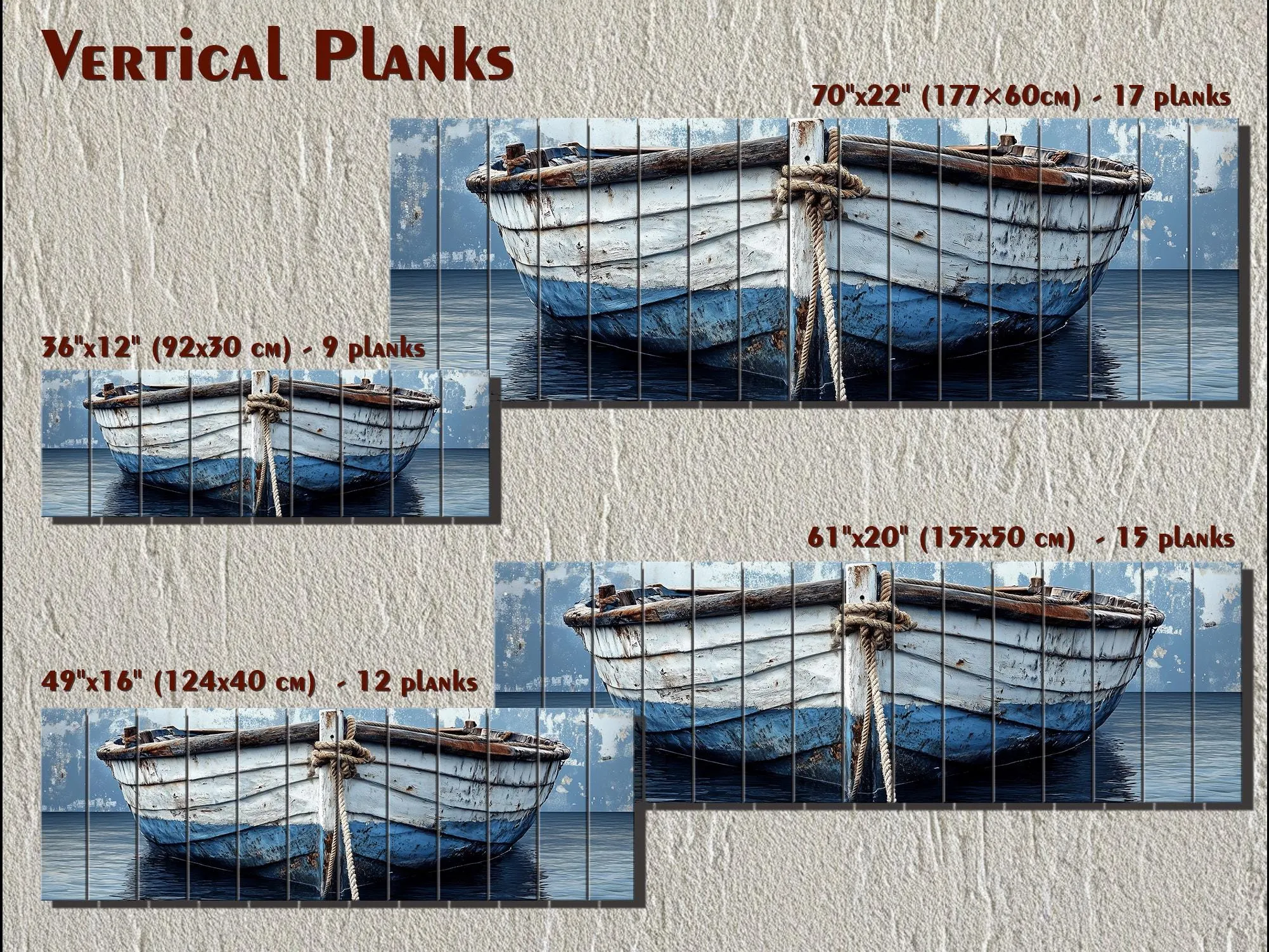 Rustic Old Blue Boat Long Narrow Real Wood Wall Art