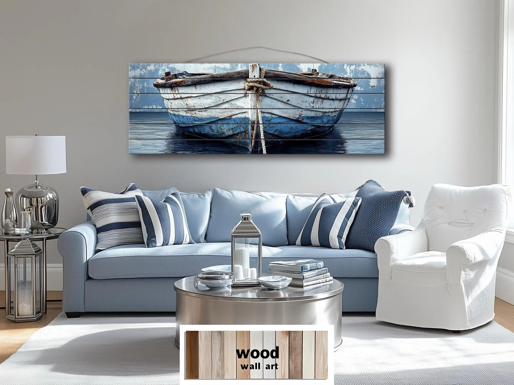 Rustic Old Blue Boat Long Narrow Real Wood Wall Art