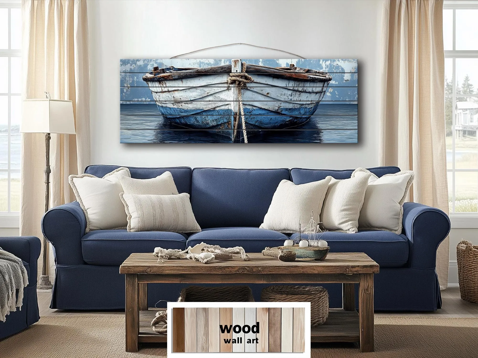 Rustic Old Blue Boat Long Narrow Real Wood Wall Art