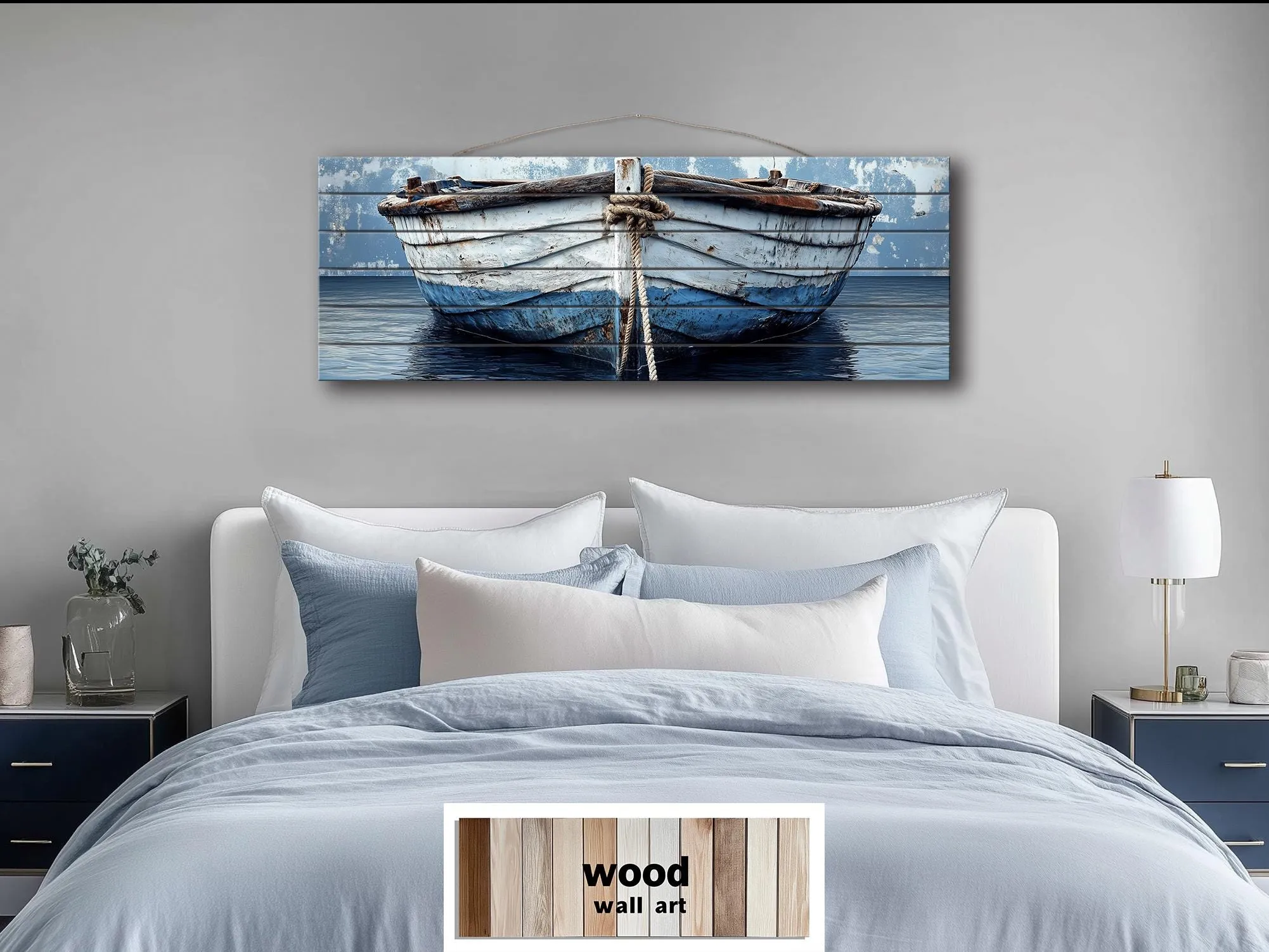 Rustic Old Blue Boat Long Narrow Real Wood Wall Art