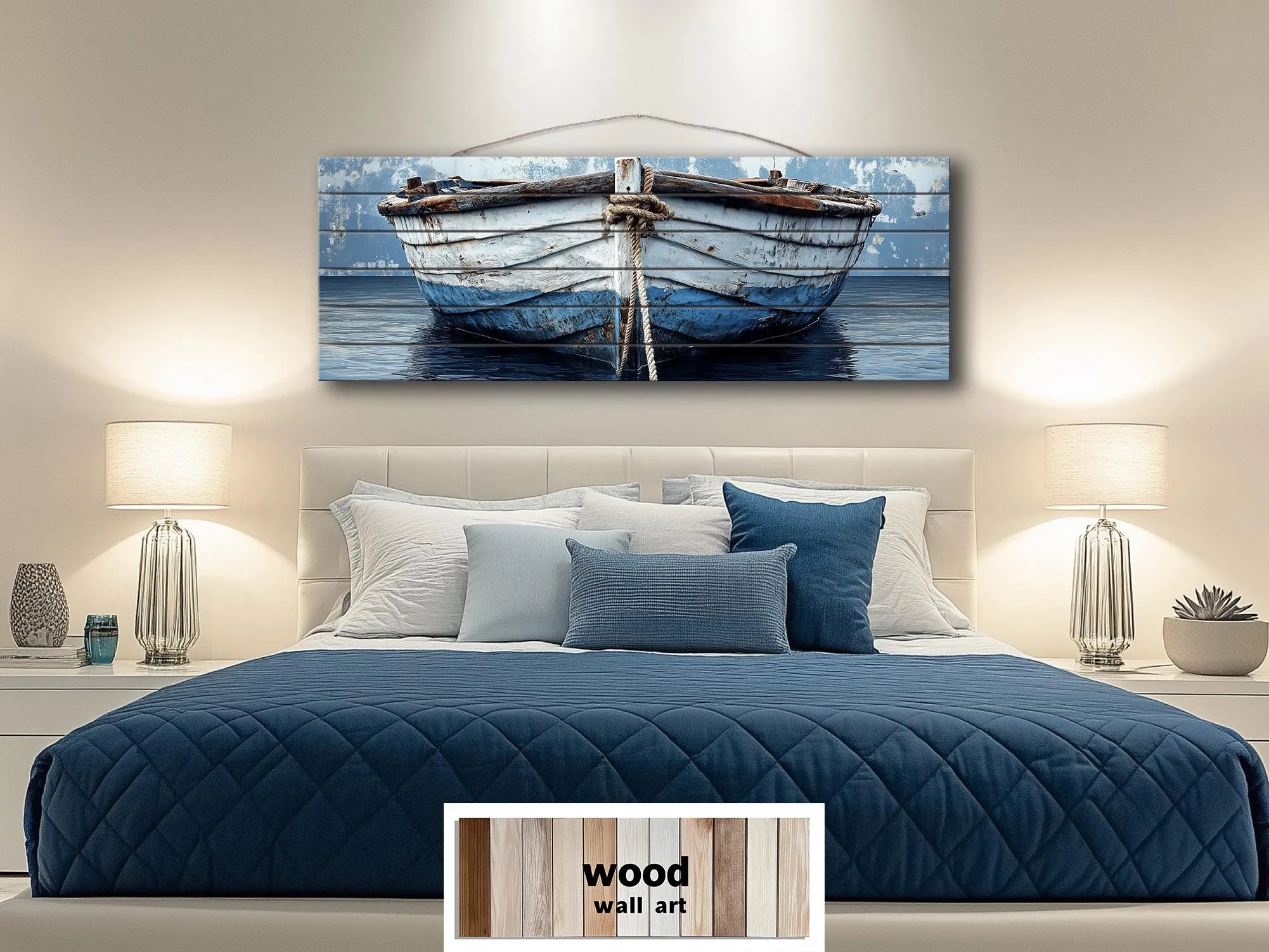 Rustic Old Blue Boat Long Narrow Real Wood Wall Art