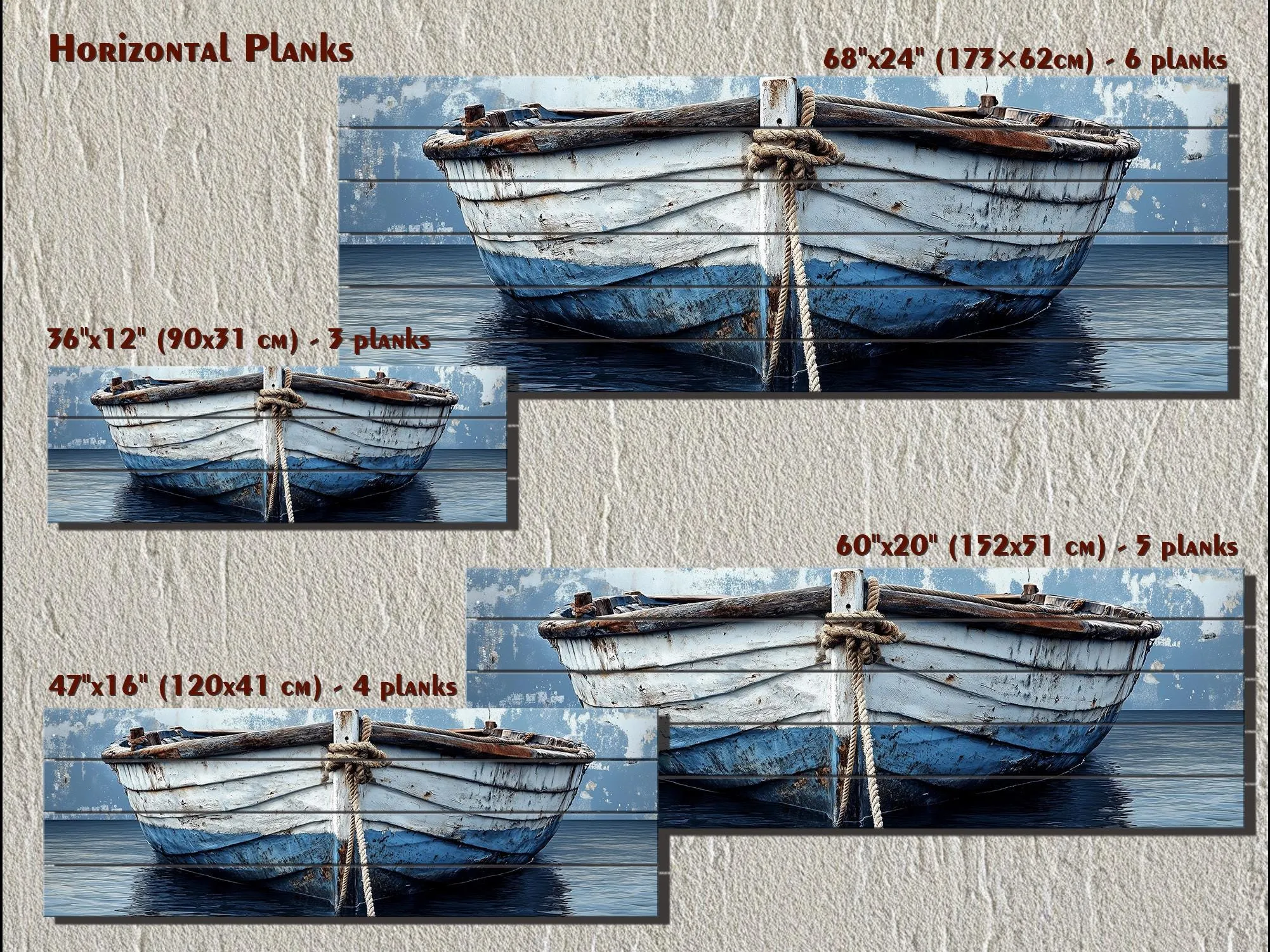 Rustic Old Blue Boat Long Narrow Real Wood Wall Art