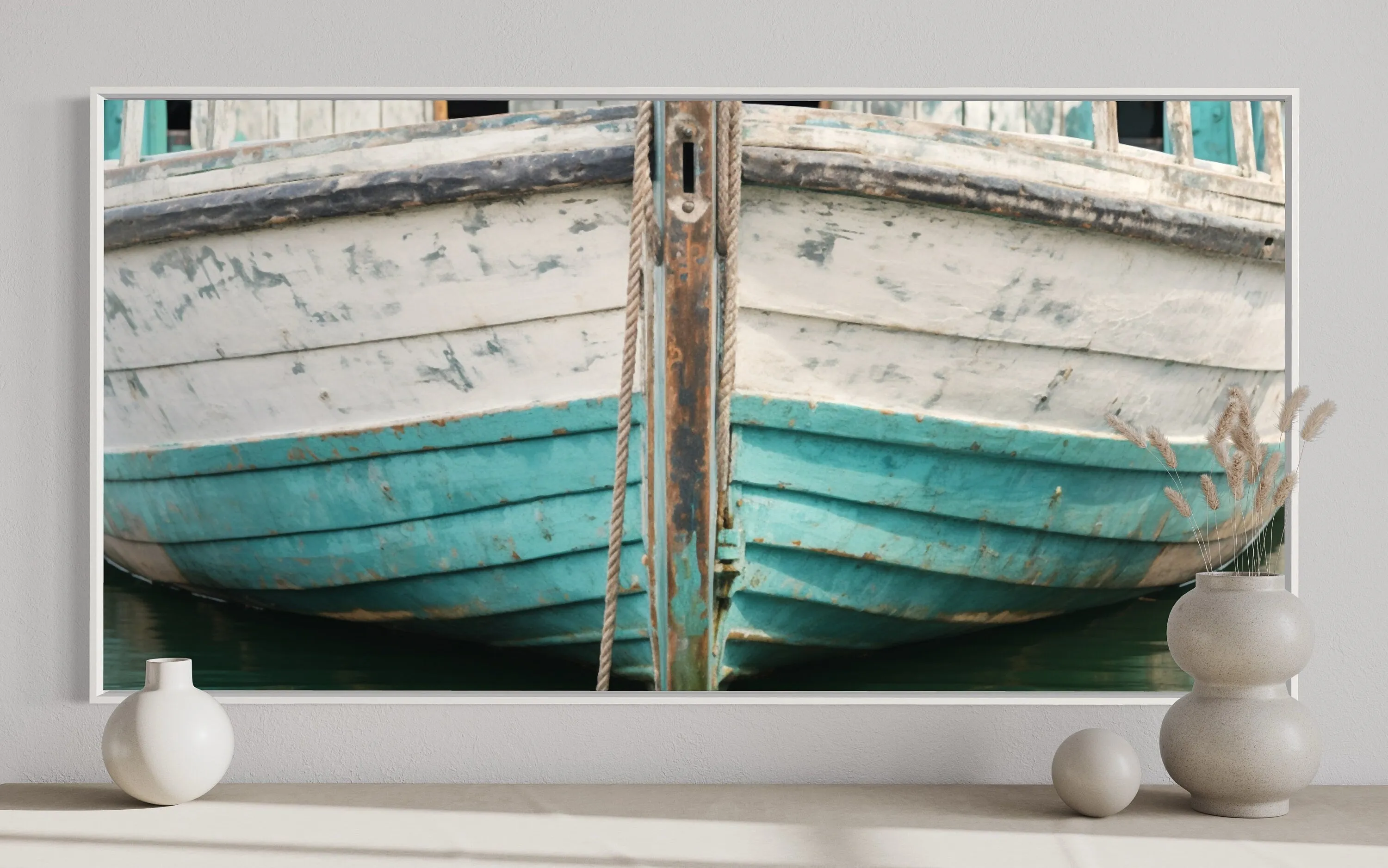 Rustic Old Teal Boat Close Up Framed Canvas Wall Art