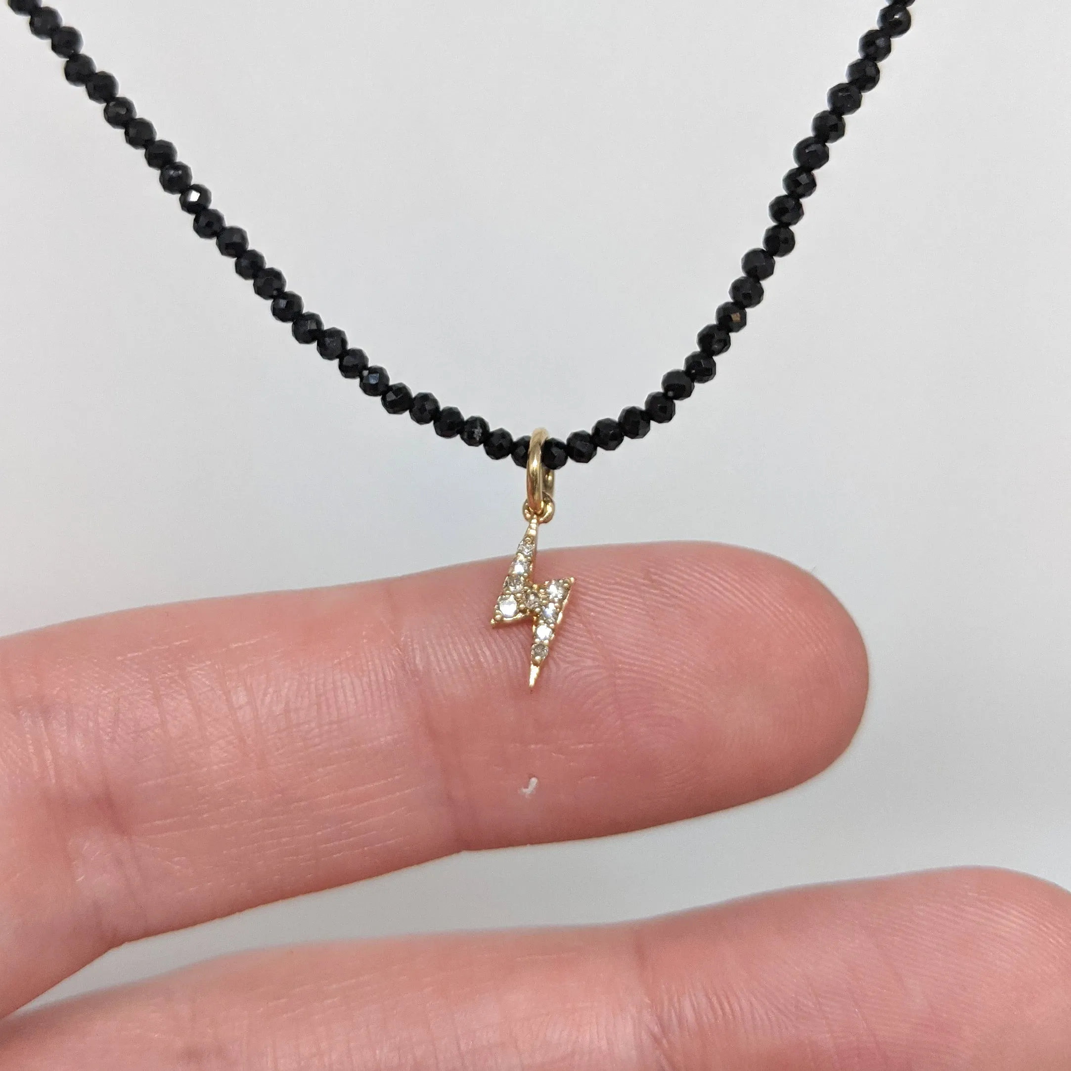 SALE! Diamond & 14kt Lightening Bolt Charm on Beaded Black Spinel Necklace by Margaret Solow