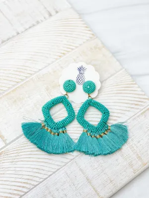 Seed Bead Fringe Dangle Earrings - Turquoise