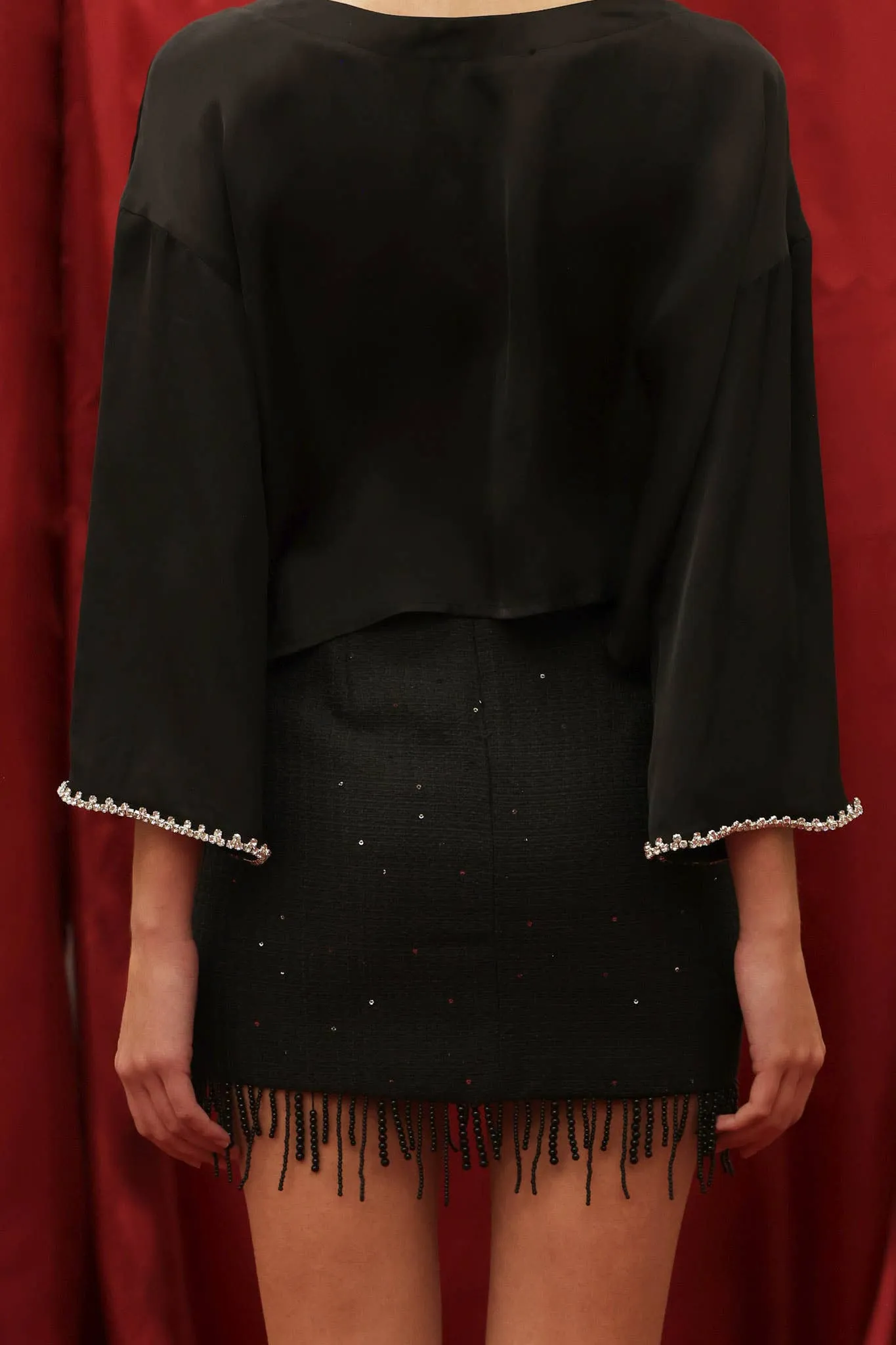 SEQUIN TWEED BEADED FRINGE MINI SKIRT