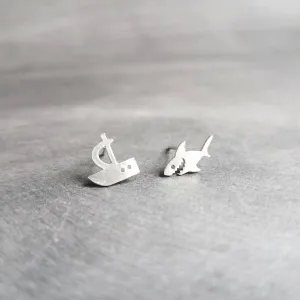 Shark Boat Earrings, shark stud, boat stud, gold shark earring, silver shark, small little stud, mismatched studs .925 sterling silver posts