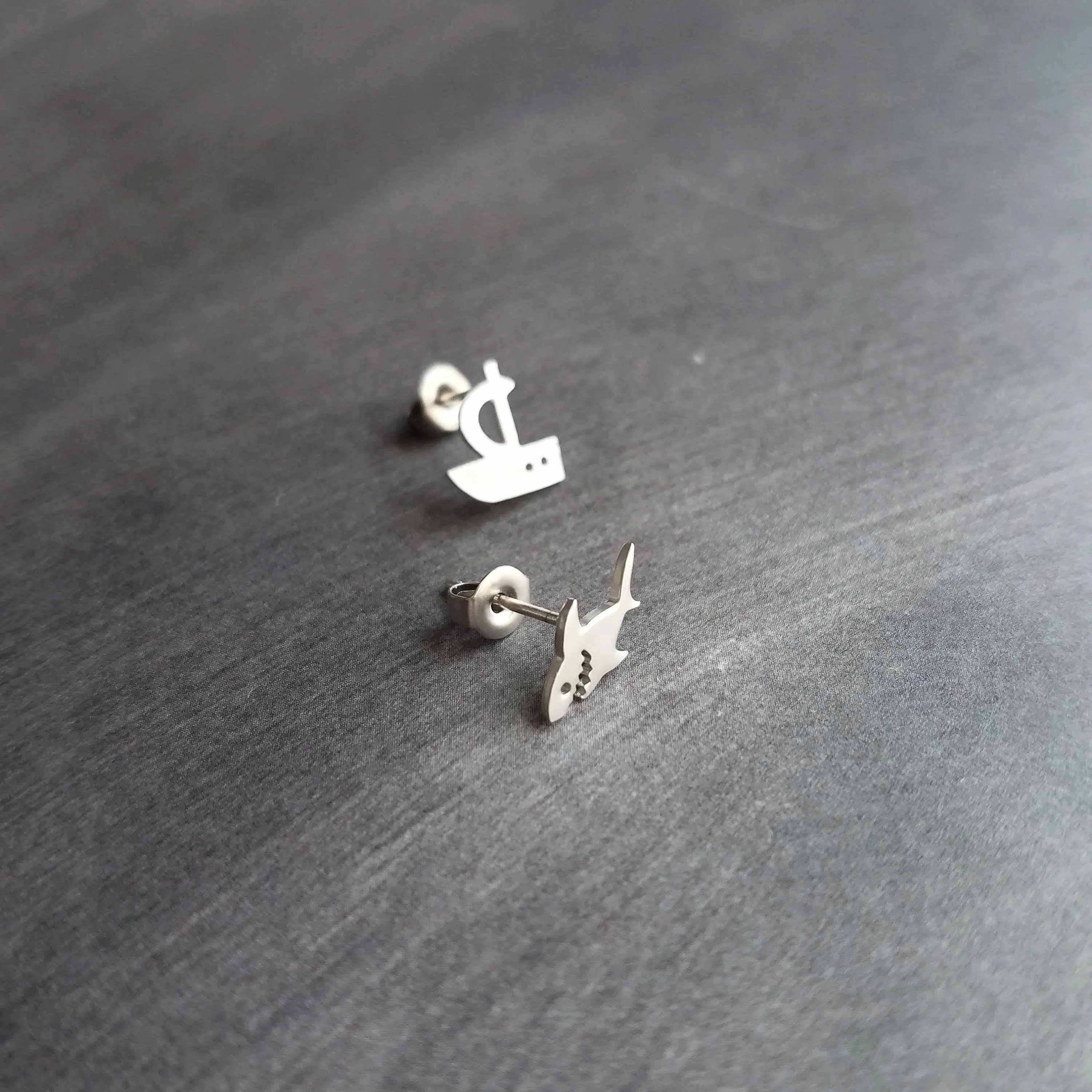 Shark Boat Earrings, shark stud, boat stud, gold shark earring, silver shark, small little stud, mismatched studs .925 sterling silver posts