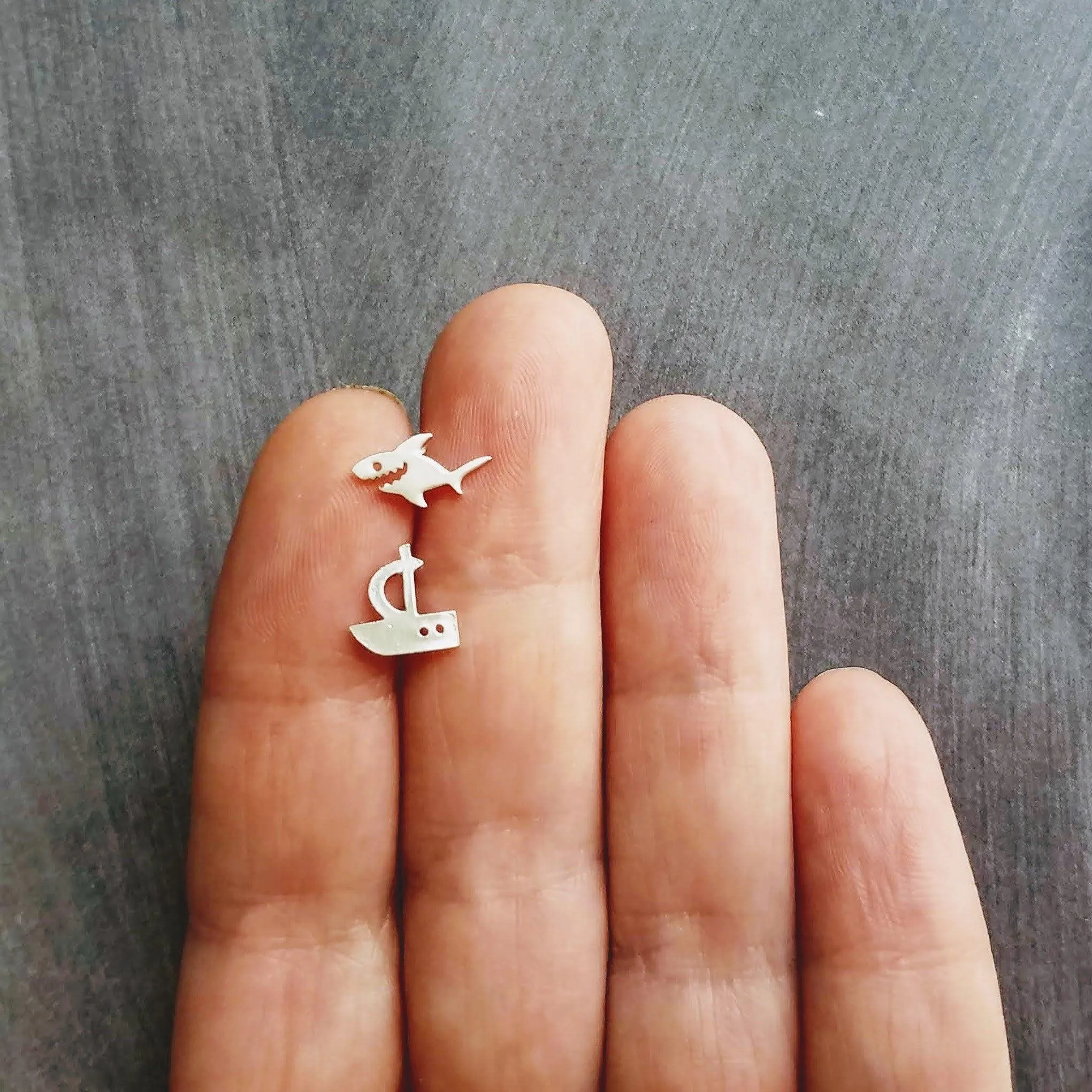 Shark Boat Earrings, shark stud, boat stud, gold shark earring, silver shark, small little stud, mismatched studs .925 sterling silver posts