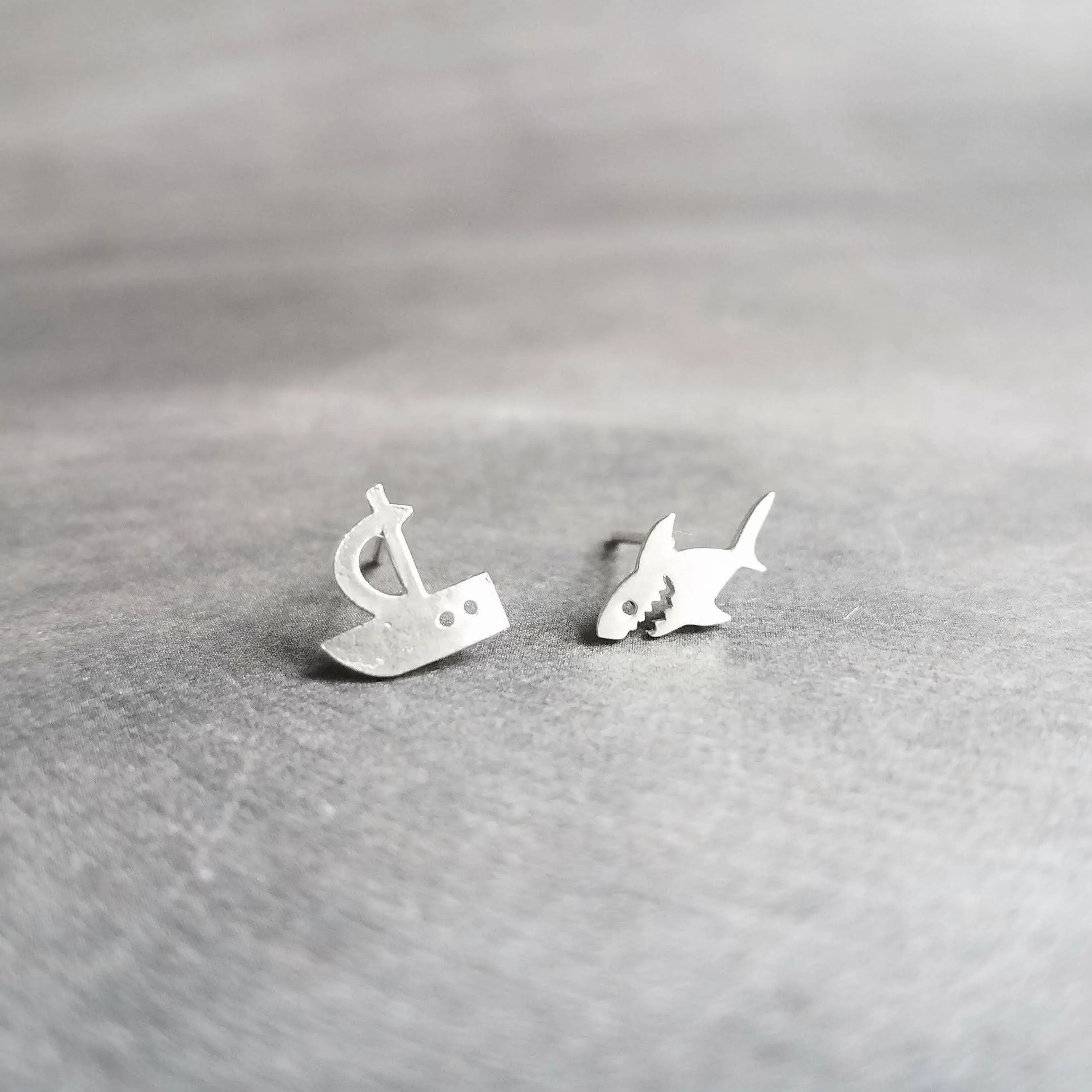 Shark Boat Earrings, shark stud, boat stud, gold shark earring, silver shark, small little stud, mismatched studs .925 sterling silver posts