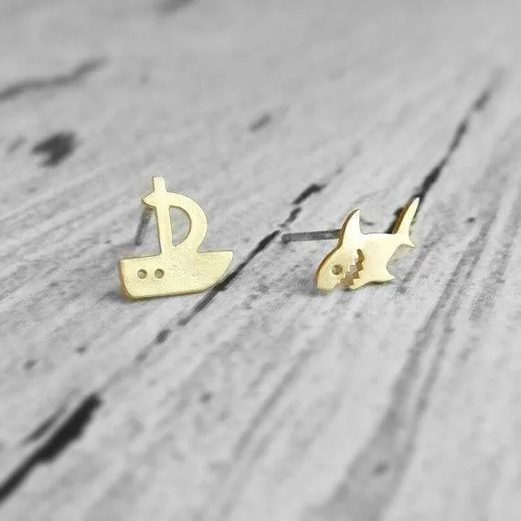 Shark Boat Earrings, shark stud, boat stud, gold shark earring, silver shark, small little stud, mismatched studs .925 sterling silver posts