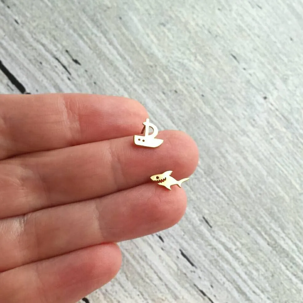 Shark Boat Earrings, shark stud, boat stud, gold shark earring, silver shark, small little stud, mismatched studs .925 sterling silver posts