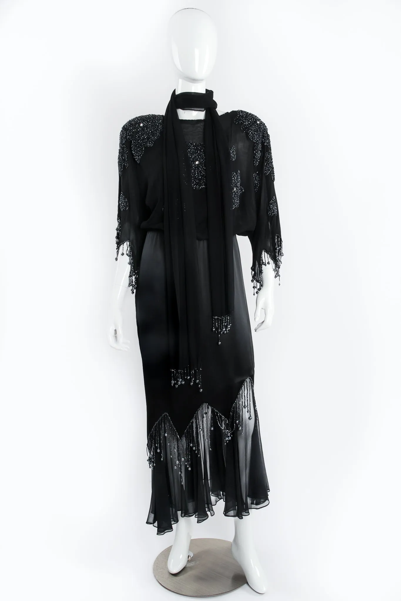 Silk Chiffon Satin Beaded Fringe Dress