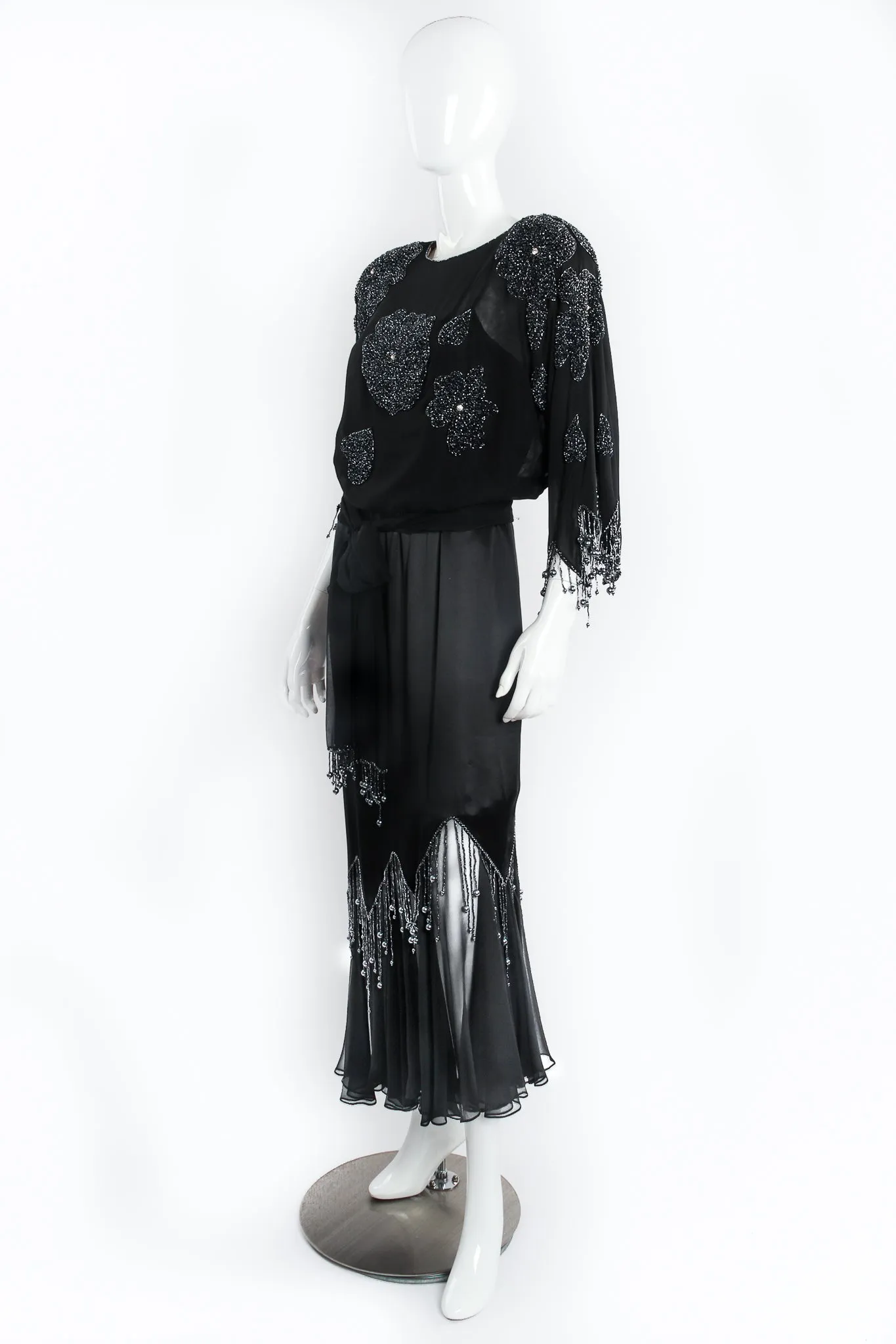 Silk Chiffon Satin Beaded Fringe Dress