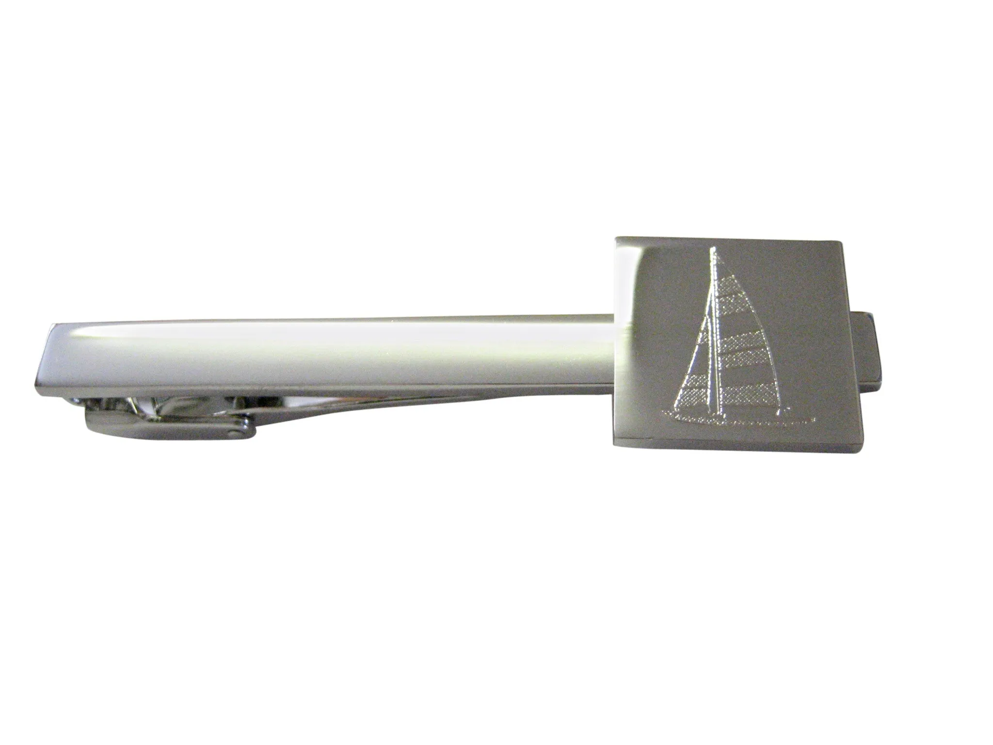 Silver Toned Etched Nautical Sail Boat Square Tie Clip