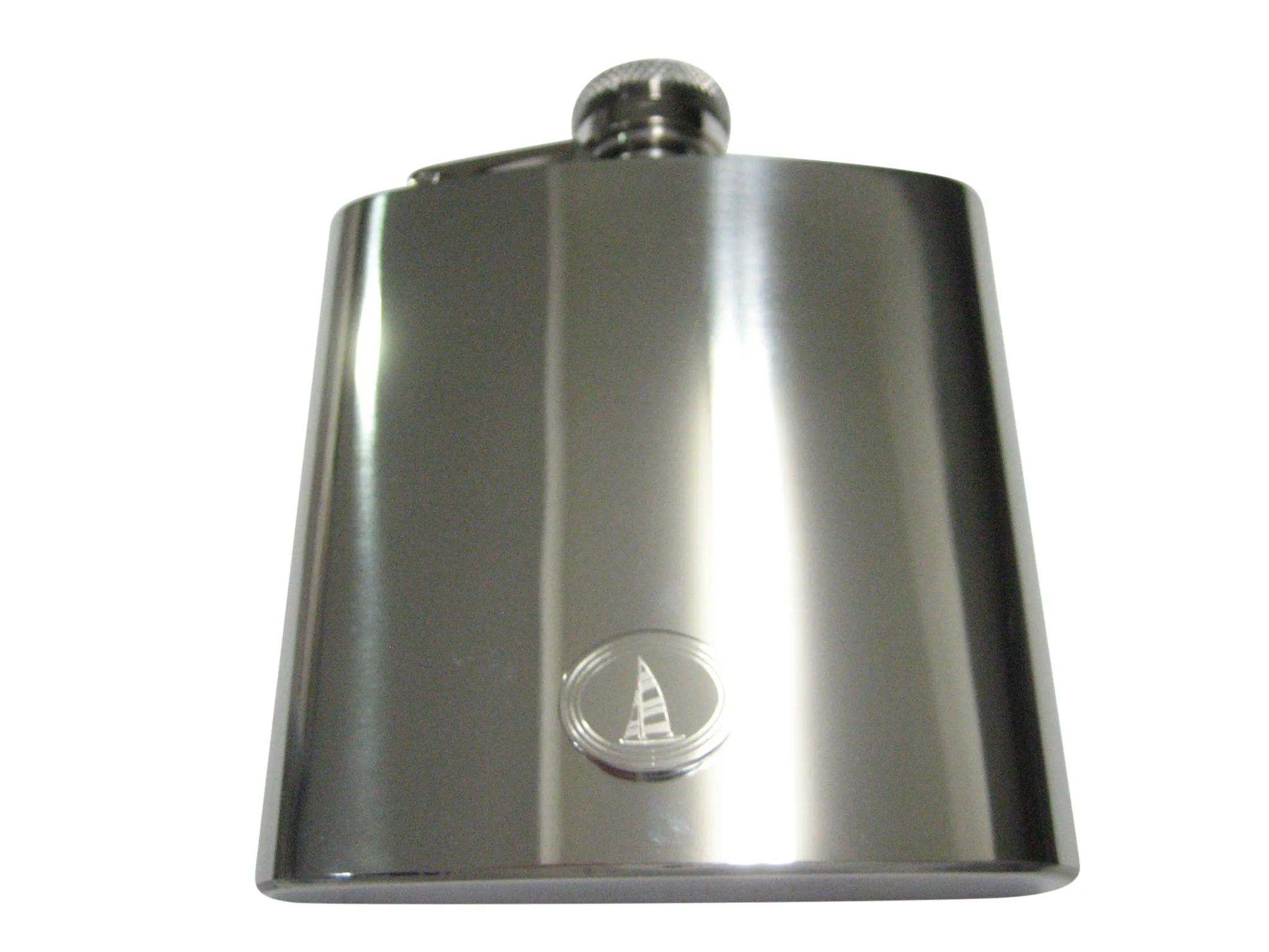 Silver Toned Etched Oval Nautical Sail Boat 6oz Flask