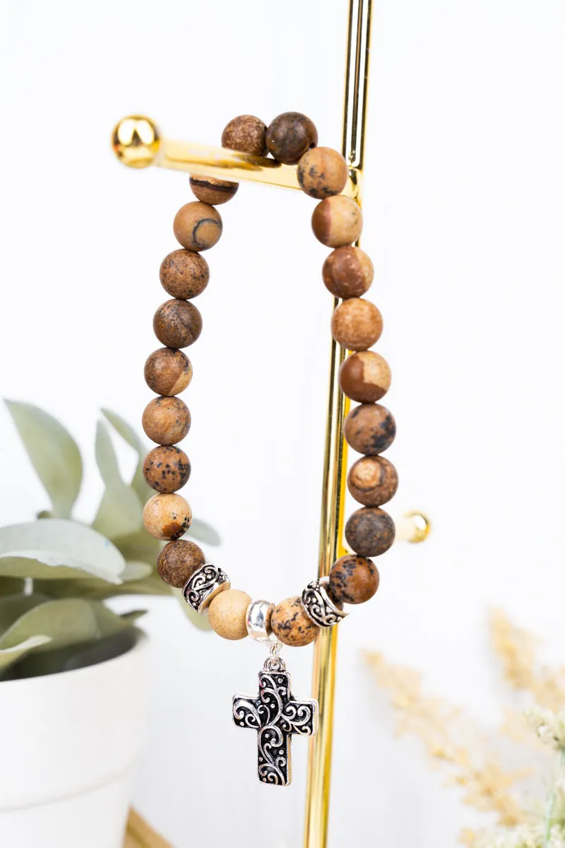 Silvertone Cross Picture Jasper Stretch Bracelet