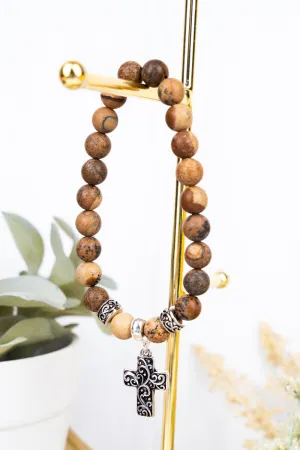 Silvertone Cross Picture Jasper Stretch Bracelet