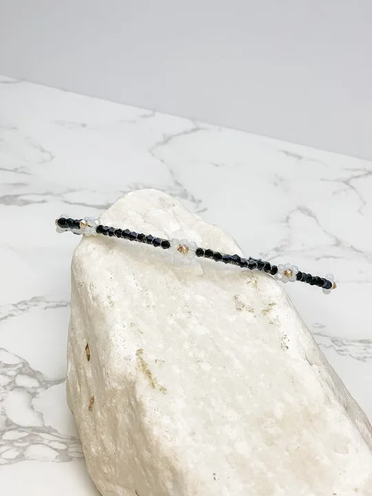 Skinny Flower Beaded Headband - Black