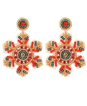 Snowflake Bling Seed Bead Beaded Earrings Tan/Green/Red