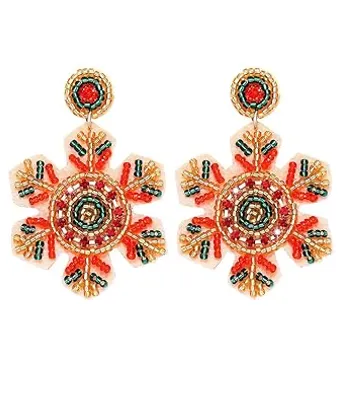 Snowflake Bling Seed Bead Beaded Earrings Tan/Green/Red