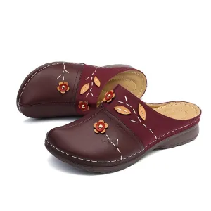 Soft Bottom Retro Baotou Shoes Flowers Leaves Style Wedges Slippers
