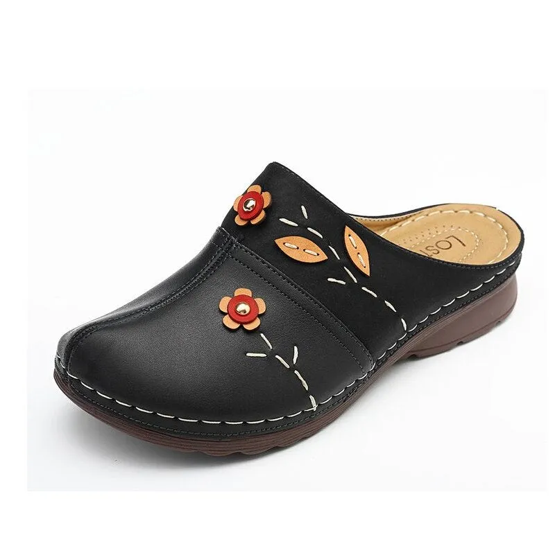 Soft Bottom Retro Baotou Shoes Flowers Leaves Style Wedges Slippers