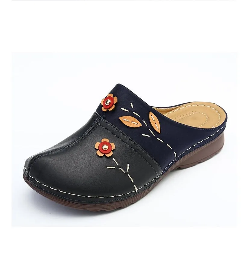 Soft Bottom Retro Baotou Shoes Flowers Leaves Style Wedges Slippers