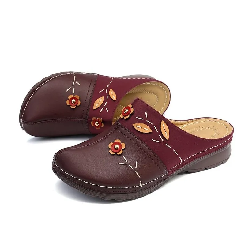 Soft Bottom Retro Baotou Shoes Flowers Leaves Style Wedges Slippers