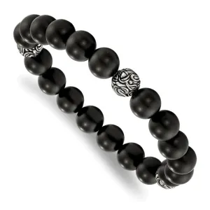 Stainless Steel Antiqued Black Agate Beaded Bracelet